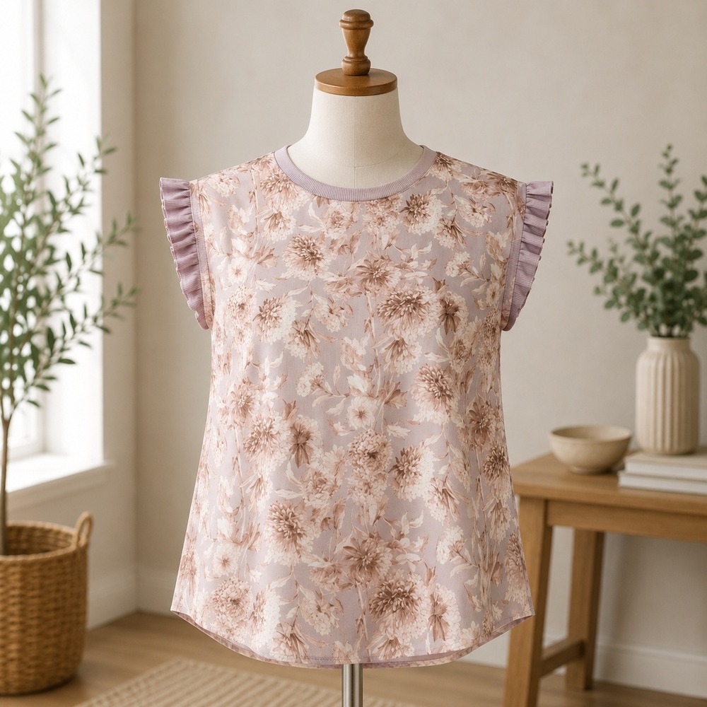 NWT T Tahari Blouse Womens XS Pink Floral Ruffle Cap Sleeve Ribbed Neck Top